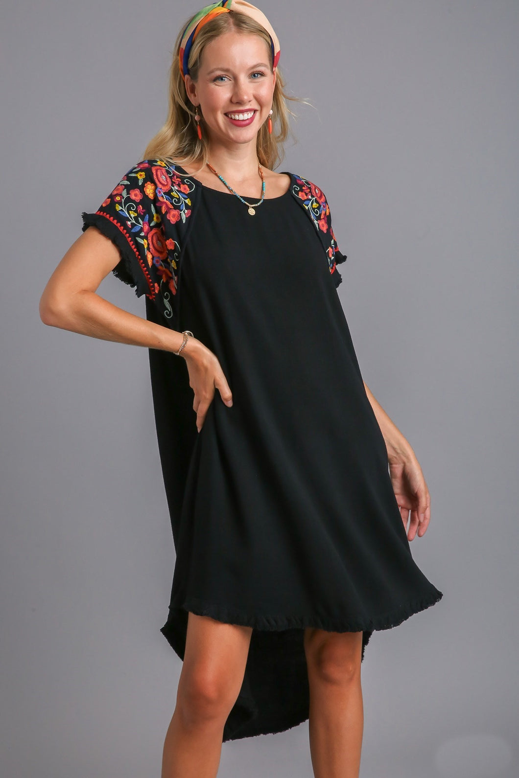Umgee Linen Short Sleeve Embroidery Dress in Black Dress Umgee   