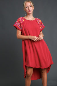 Umgee Linen Short Sleeve Embroidery Dress in Scarlet Dress Umgee   