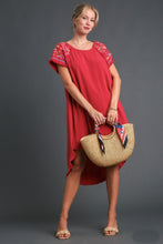 Load image into Gallery viewer, Umgee Linen Short Sleeve Embroidery Dress in Scarlet Dress Umgee   
