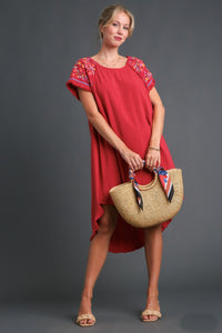 Umgee Linen Short Sleeve Embroidery Dress in Scarlet Dress Umgee   