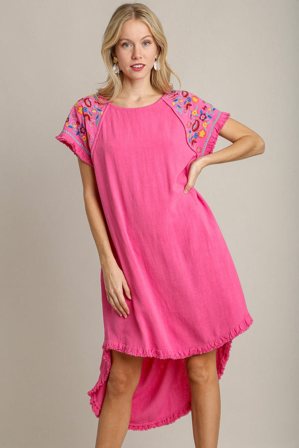 Umgee Linen Short Sleeve Embroidery Dress in Bubblegum Dress Umgee   
