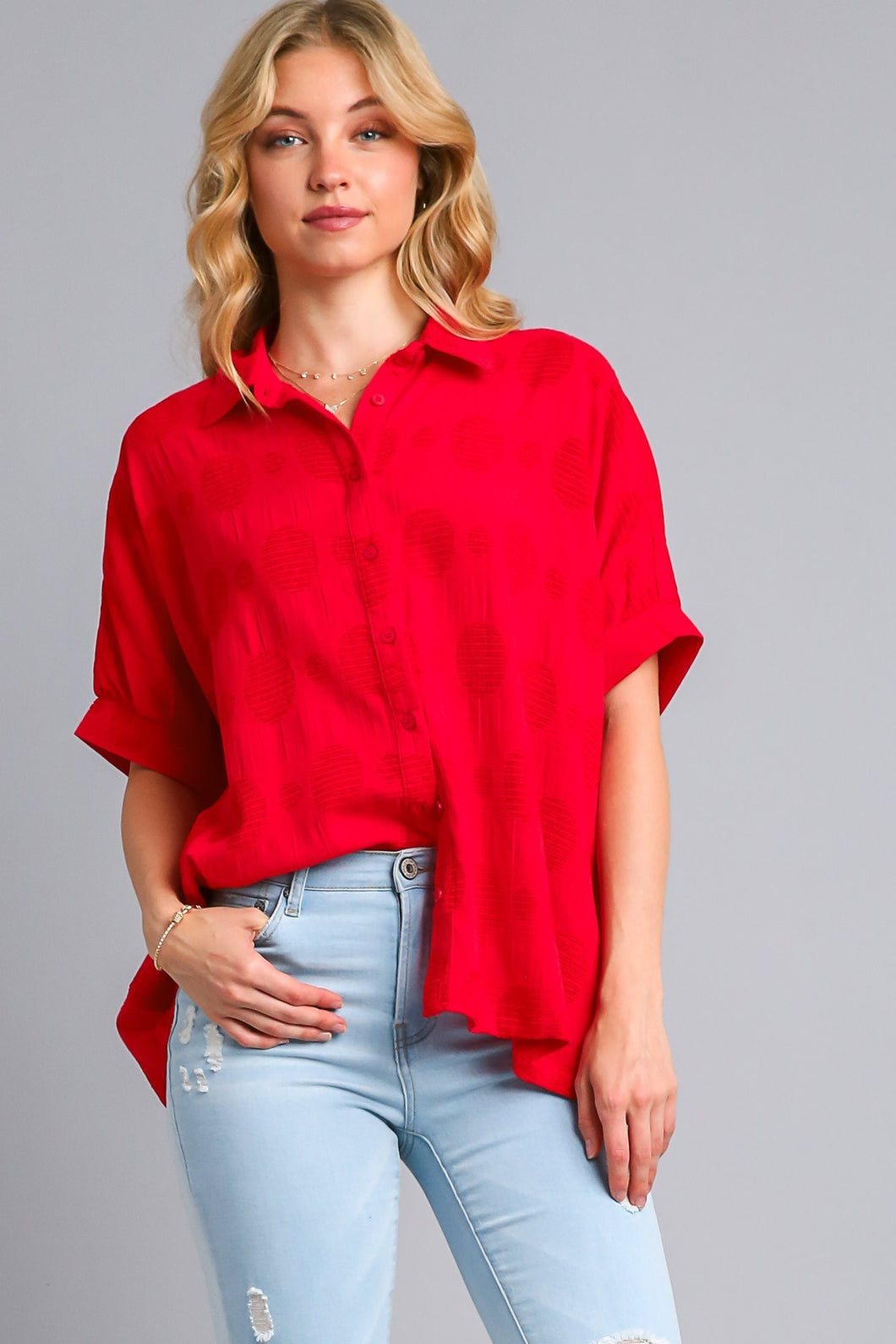 Umgee Textured Fabric Button Down Top in Red Shirts & Tops Umgee   