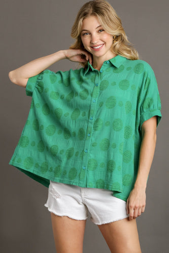 Umgee Textured Fabric Button Down Top in Green Shirts & Tops Umgee   