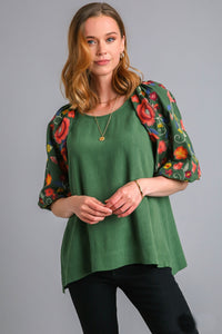 Umgee Linen Blend Top with Embroidery Sleeves in Forest Green Shirts & Tops Umgee   
