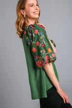 Load image into Gallery viewer, Umgee Linen Blend Top with Embroidery Sleeves in Forest Green Shirts &amp; Tops Umgee   
