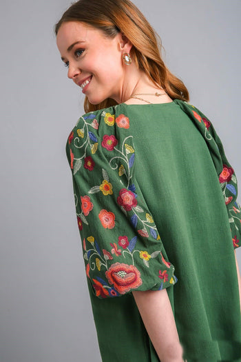 Umgee Linen Blend Top with Embroidery Sleeves in Forest Green Shirts & Tops Umgee   