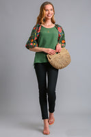 Umgee Linen Blend Top with Embroidery Sleeves in Forest Green Shirts & Tops Umgee   