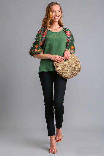 Umgee Linen Blend Top with Embroidery Sleeves in Forest Green Shirts & Tops Umgee   
