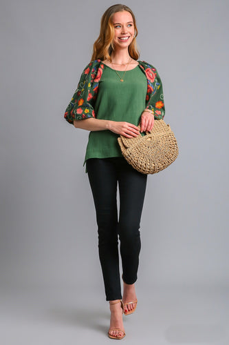Umgee Linen Blend Top with Embroidery Sleeves in Forest Green Shirts & Tops Umgee   