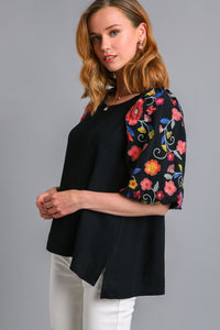 Umgee Linen Blend Top with Embroidery Sleeves in Black Shirts & Tops Umgee   