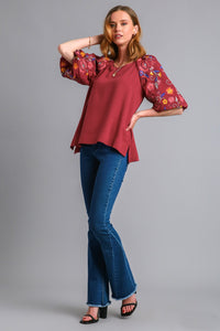 Umgee Linen Blend Top with Embroidery Sleeves in Crimson Shirts & Tops Umgee   