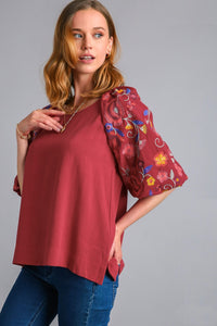 Umgee Linen Blend Top with Embroidery Sleeves in Crimson Shirts & Tops Umgee   