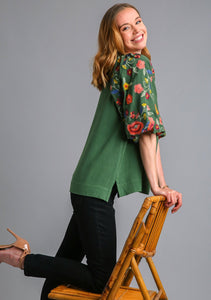 Umgee Linen Blend Top with Embroidery Sleeves in Forest Green Shirts & Tops Umgee   