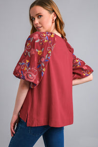 Umgee Linen Blend Top with Embroidery Sleeves in Crimson Shirts & Tops Umgee   