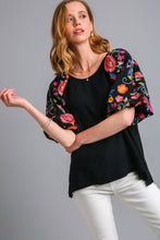 Load image into Gallery viewer, Umgee Linen Blend Top with Embroidery Sleeves in Black Shirts &amp; Tops Umgee   
