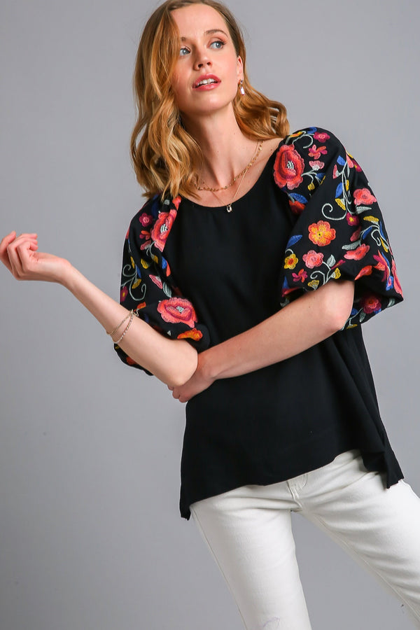 Umgee Linen Blend Top with Embroidery Sleeves in Black Shirts & Tops Umgee   