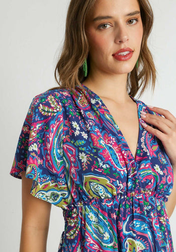 Umgee Paisley Print Tiered Midi Dress in Navy Mix