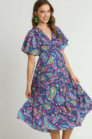 Umgee Paisley Print Tiered Midi Dress in Navy Mix