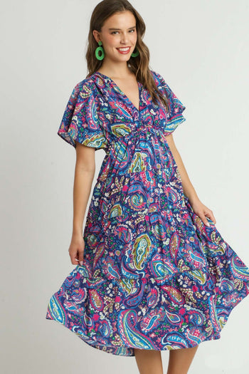 Umgee Paisley Print Tiered Midi Dress in Navy Mix