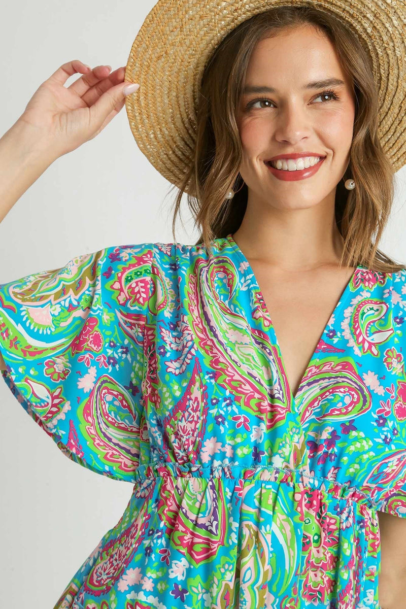 Umgee Paisley Print Tiered Midi Dress in Mint Blue Mix June Adel