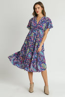 Umgee Paisley Print Tiered Midi Dress in Navy Mix