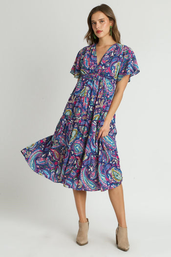 Umgee Paisley Print Tiered Midi Dress in Navy Mix