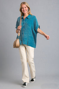 Umgee Gauze Button Down Top in Teal Blue Top Umgee   