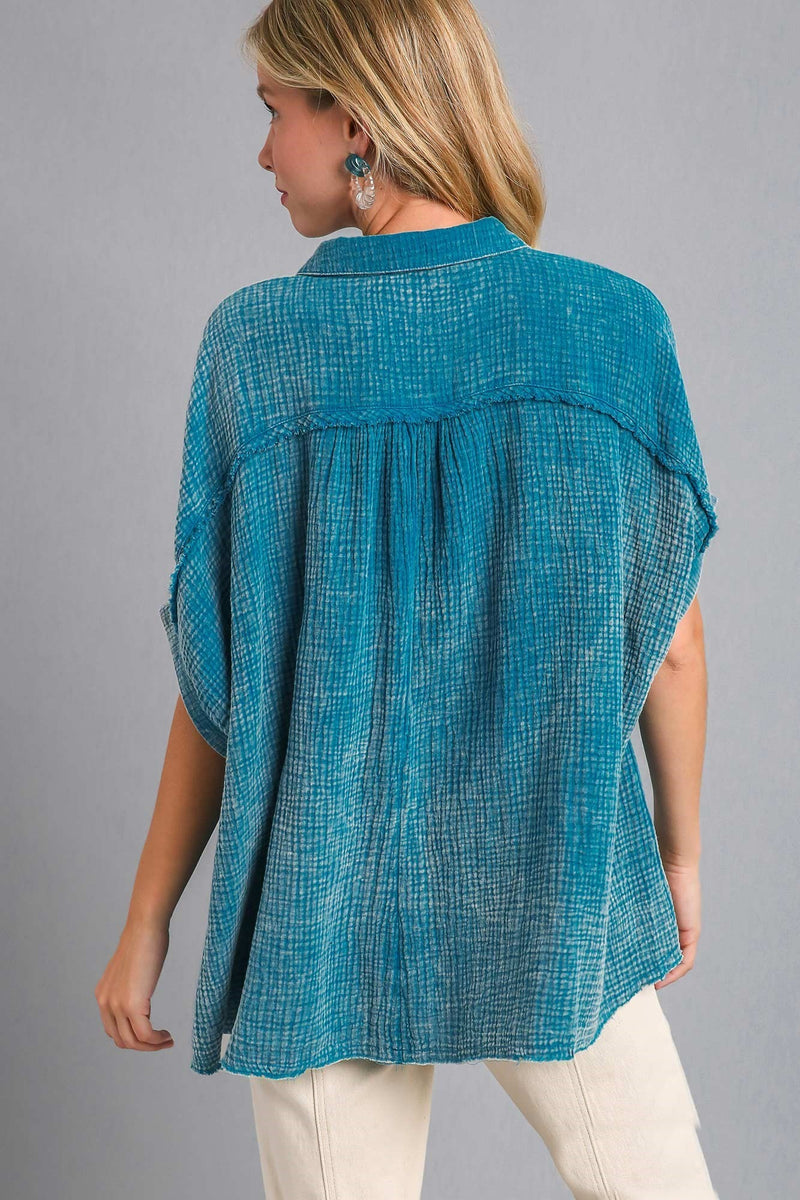 Umgee Gauze Button Down Top in Teal Blue June Adel