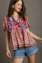 Load image into Gallery viewer, Umgee Mixed Print Smocked Shoulder Top with Drawstring Detail in Navy Mix Top Umgee   
