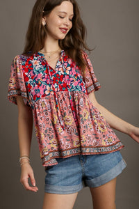 Umgee Mixed Print Smocked Shoulder Top with Drawstring Detail in Navy Mix Top Umgee   