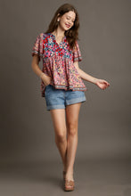 Load image into Gallery viewer, Umgee Mixed Print Smocked Shoulder Top with Drawstring Detail in Navy Mix Top Umgee   
