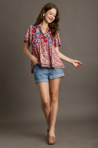 Umgee Mixed Print Smocked Shoulder Top with Drawstring Detail in Navy Mix Top Umgee   