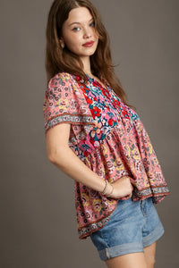 Umgee Mixed Print Smocked Shoulder Top with Drawstring Detail in Navy Mix Top Umgee   