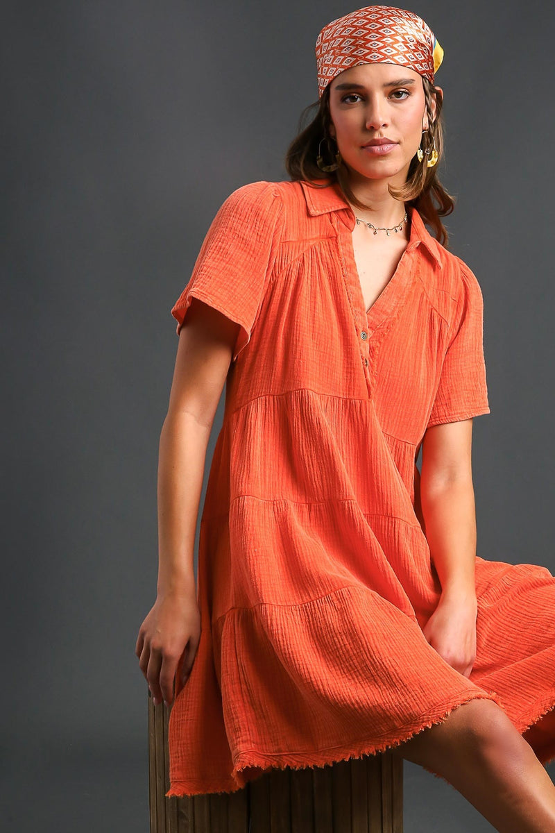 Umgee Mineral Washed Short Tiered Dress in Orange June Adel