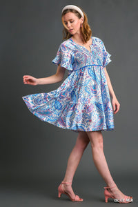 Umgee  Mixed Print Tiered Dress with Smocked Chest Details in Blue Mix Dress Umgee   