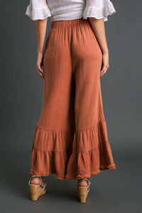 Umgee Mineral Washed Tiered Flare Pants in Rust Pants Umgee   