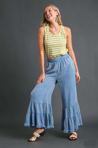 Umgee Mineral Washed Tiered Flare Pants in Denim Color Pants Umgee   