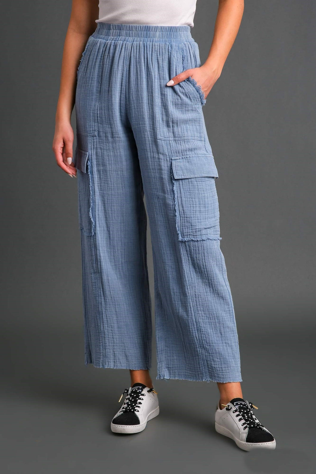 Umgee Mineral Washed Cargo Pants in Denim Pants Umgee   