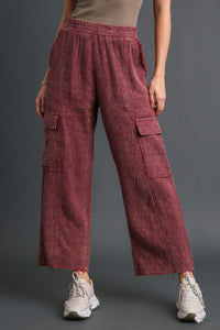 Umgee Mineral Washed Cargo Pants in Wine Pants Umgee   