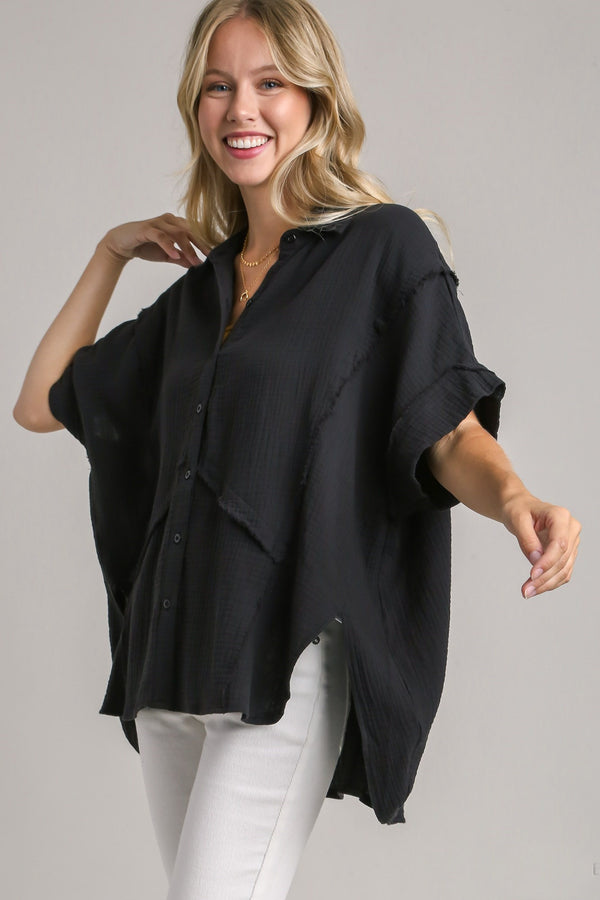 Umgee High Low Hem Button Down Shirt in Black ON ORDER Shirts & Tops Umgee   