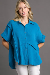 Umgee High Low Hem Button Down Shirt in Teal Blue Shirts & Tops Umgee   