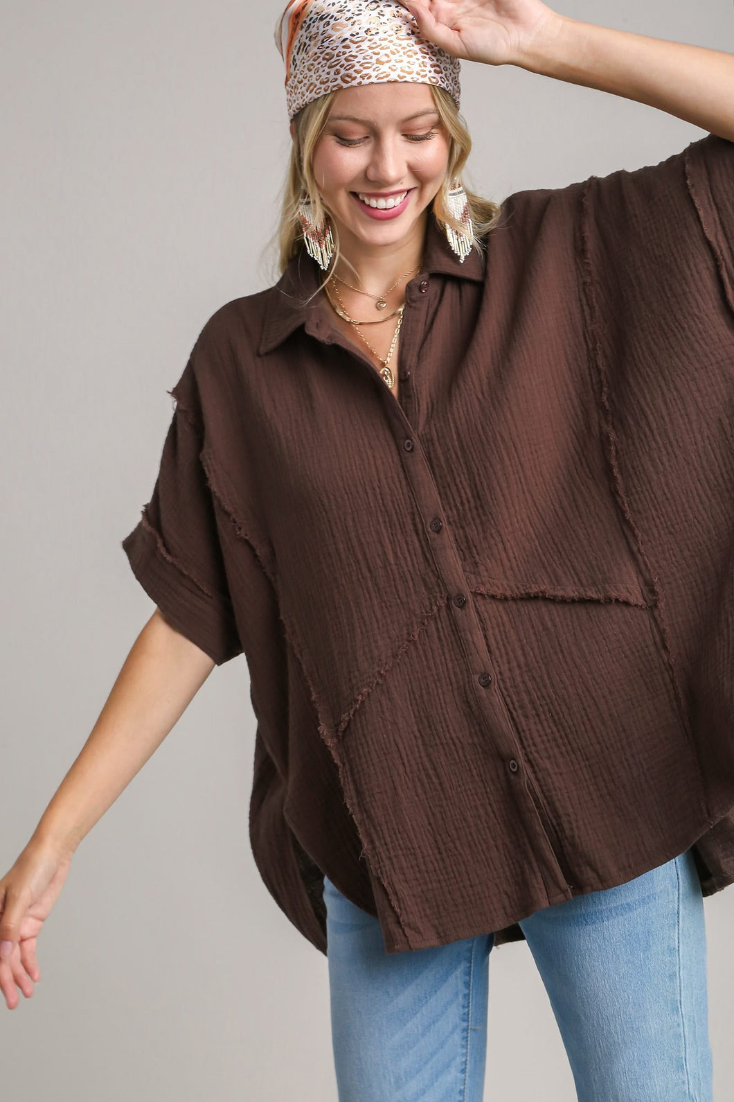 Umgee High Low Hem Button Down Shirt in Brown Shirts & Tops Umgee   
