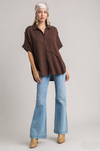 Umgee High Low Hem Button Down Shirt in Brown Shirts & Tops Umgee   
