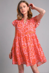 Umgee Flower Print Dress with Satin Tape Details in Light Pink Mix Dress Umgee   