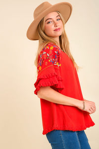 Umgee Embroidered Round Neck Top in Cherry Red  Umgee   