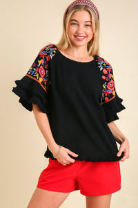 Umgee Embroidered Round Neck Top in Black  Umgee   