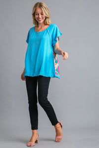 Umgee Linen Blend Top with Printed Back in Aqua Top Umgee   