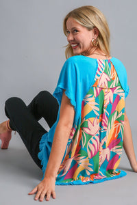 Umgee Linen Blend Top with Printed Back in Aqua Top Umgee   