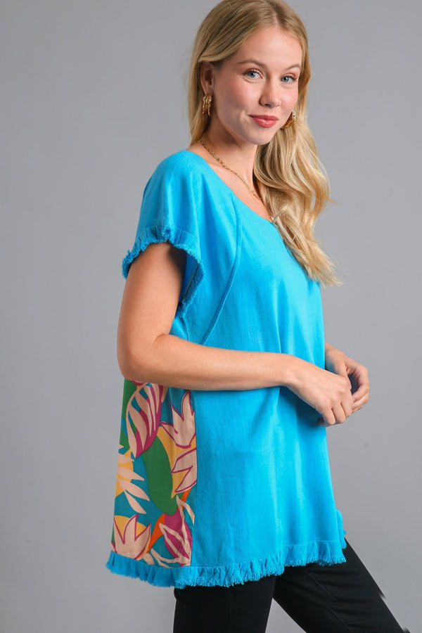 Umgee Linen Blend Top with Printed Back in Aqua Top Umgee   