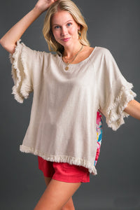Umgee Linen Top with Mixed Print Back in Oatmeal Top Umgee   